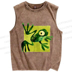 Unisex Silly Frog Printed Washed Tank Top