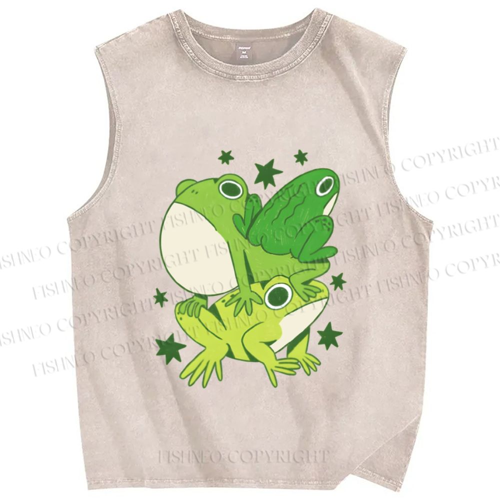 Unisex Frogs Jenga Printed Washed Tank Top
