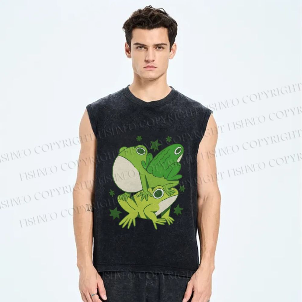 Unisex Frogs Jenga Printed Washed Tank Top