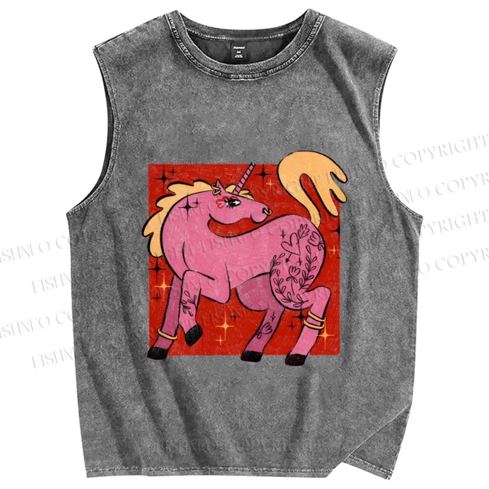 Unisex Pink Unicorn Printed Washed Tank Top