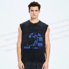Unisex Geometric Block Waves Printed Washed Tank Top