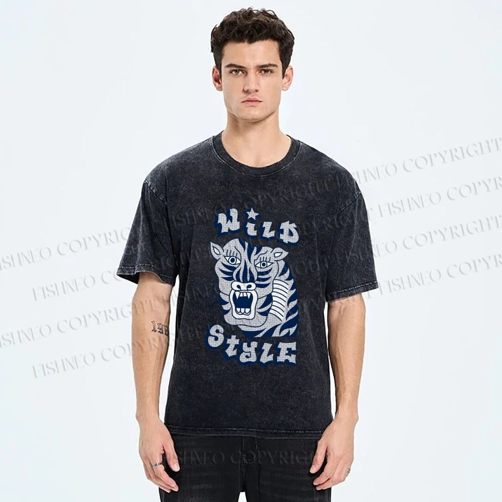 Unisex Wild Style Tiger Printed Washed Tee
