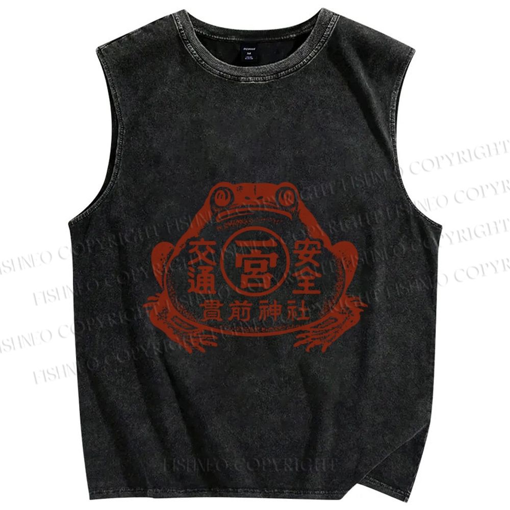 Unisex Vintage Japanese Frog Printed Washed Tank Top