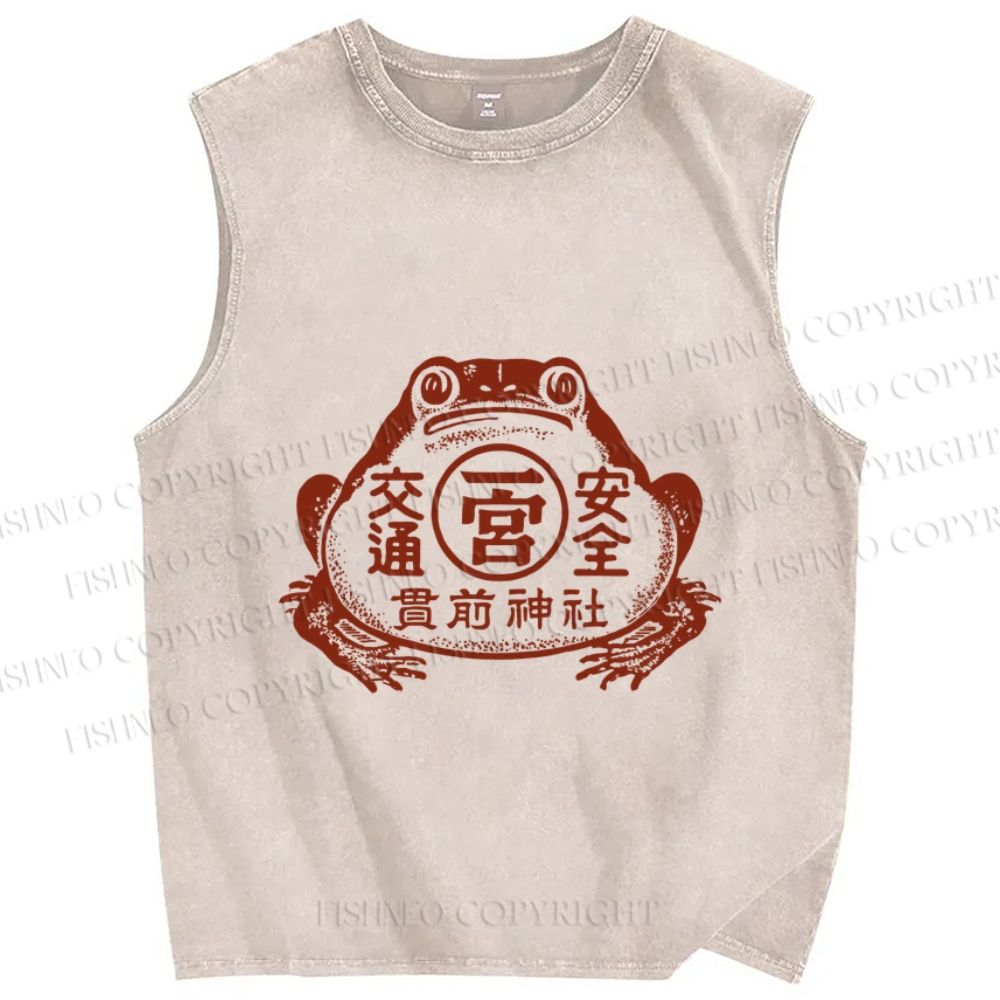 Unisex Vintage Japanese Frog Printed Washed Tank Top