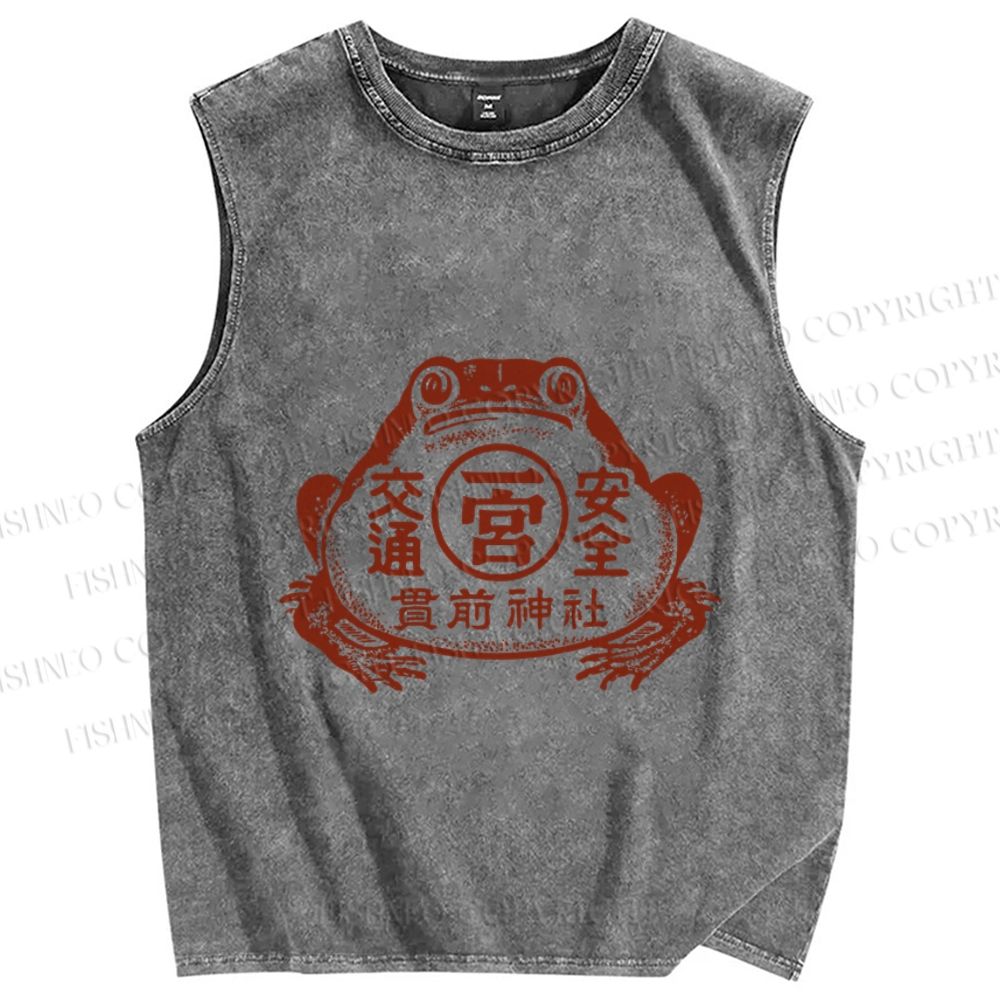 Unisex Vintage Japanese Frog Printed Washed Tank Top