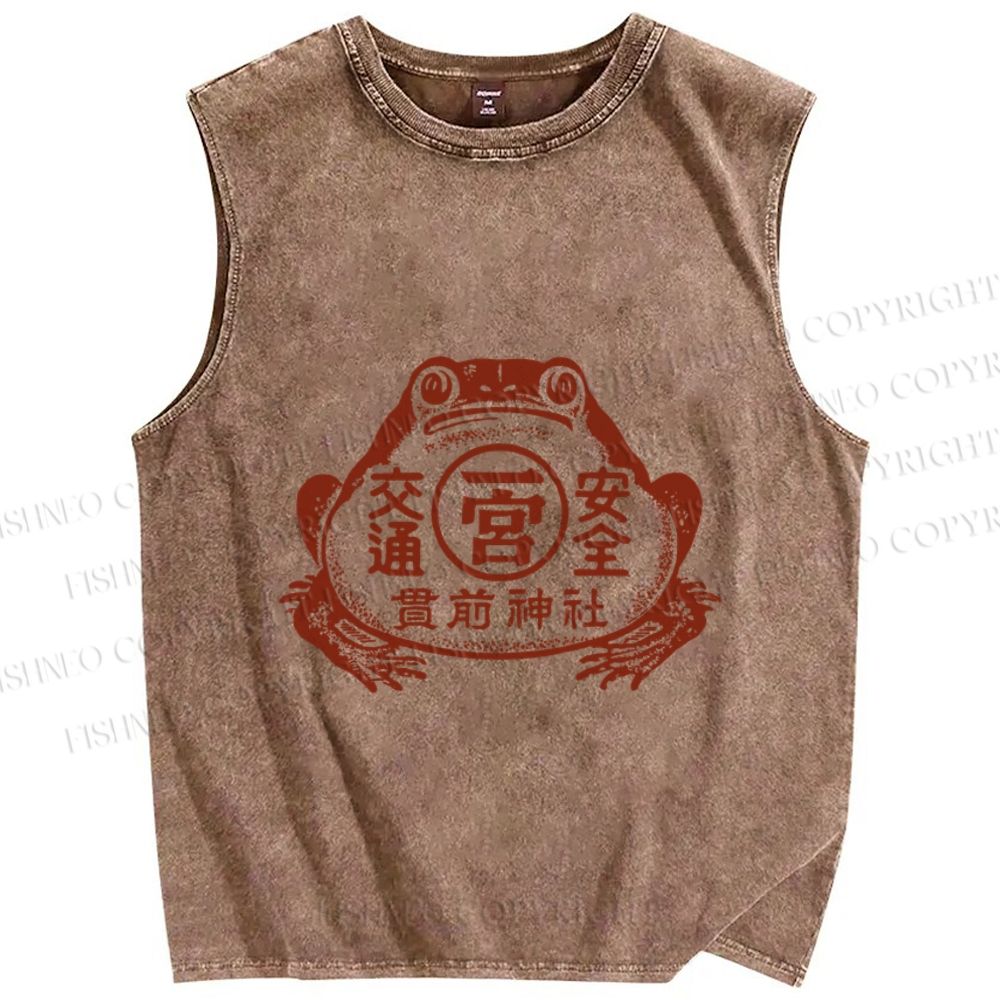 Unisex Vintage Japanese Frog Printed Washed Tank Top