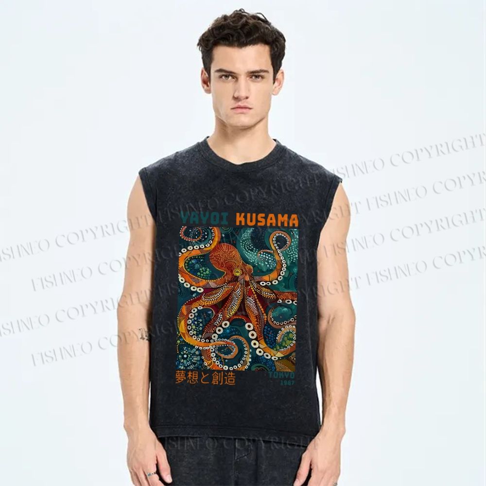 Unisex Yayoi Kusama Octopus Printed Washed Tank Top
