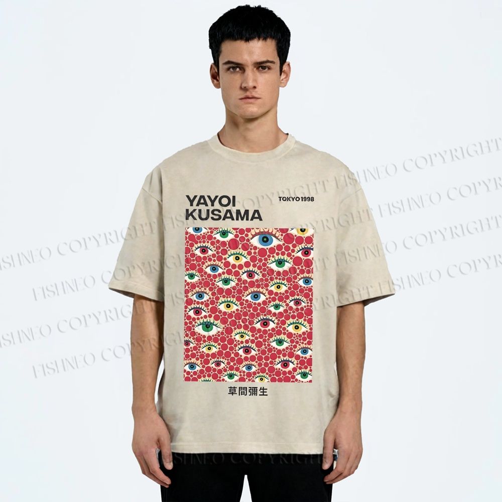Unisex Yayoi Kusama  Artistic Polka Dot Eyes Printed Washed Tee
