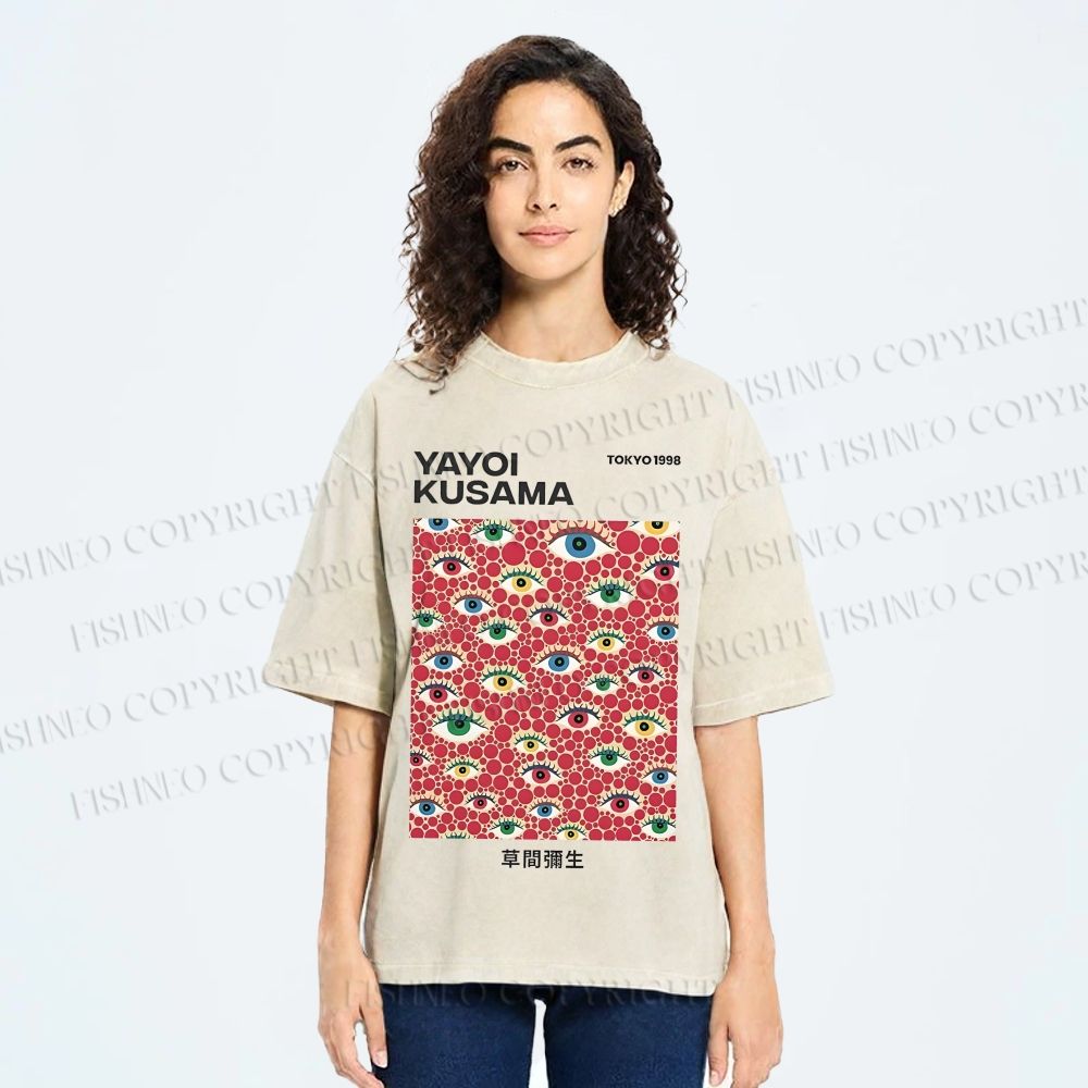 Unisex Yayoi Kusama  Artistic Polka Dot Eyes Printed Washed Tee