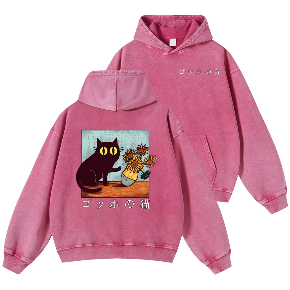 Cat Vintage Washed Cotton Back Art Hoodie