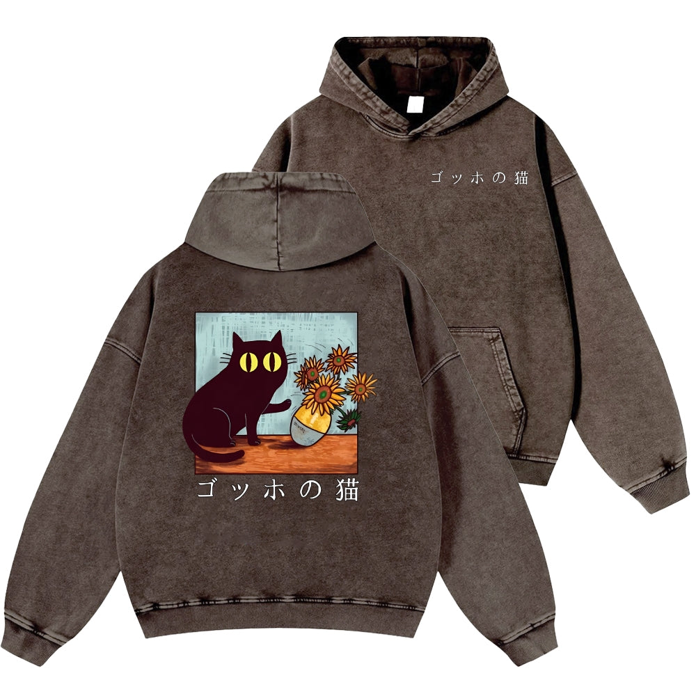 Cat Vintage Washed Cotton Back Art Hoodie