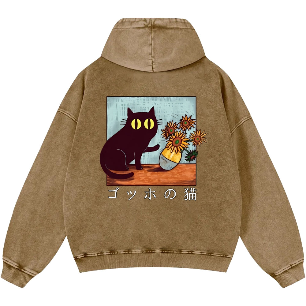 Cat Vintage Washed Cotton Back Art Hoodie