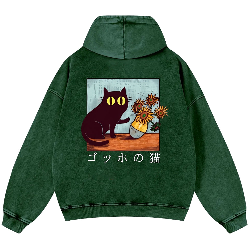 Cat Vintage Washed Cotton Back Art Hoodie