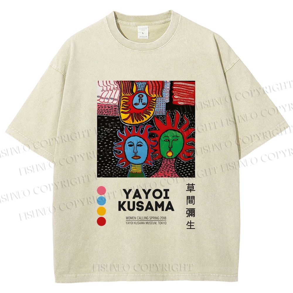 Unisex Yayoi Kusama Artistic Portrait Printed Washed Tee