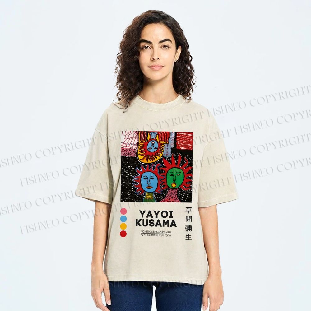 Unisex Yayoi Kusama Artistic Portrait Printed Washed Tee