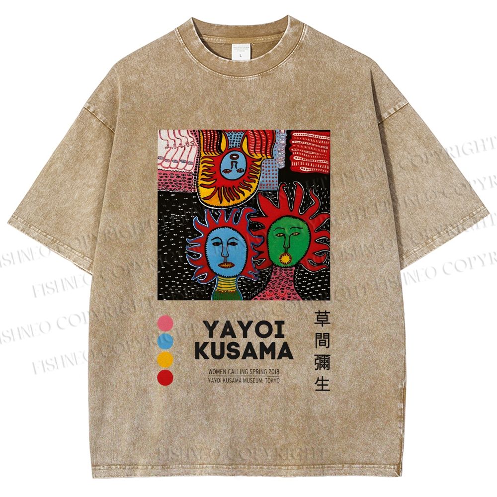Unisex Yayoi Kusama Artistic Portrait Printed Washed Tee