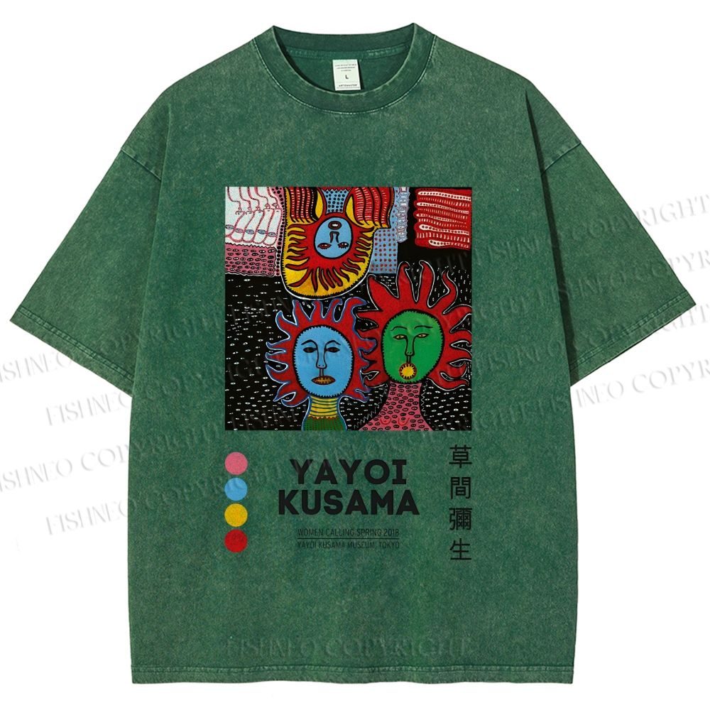 Unisex Yayoi Kusama Artistic Portrait Printed Washed Tee