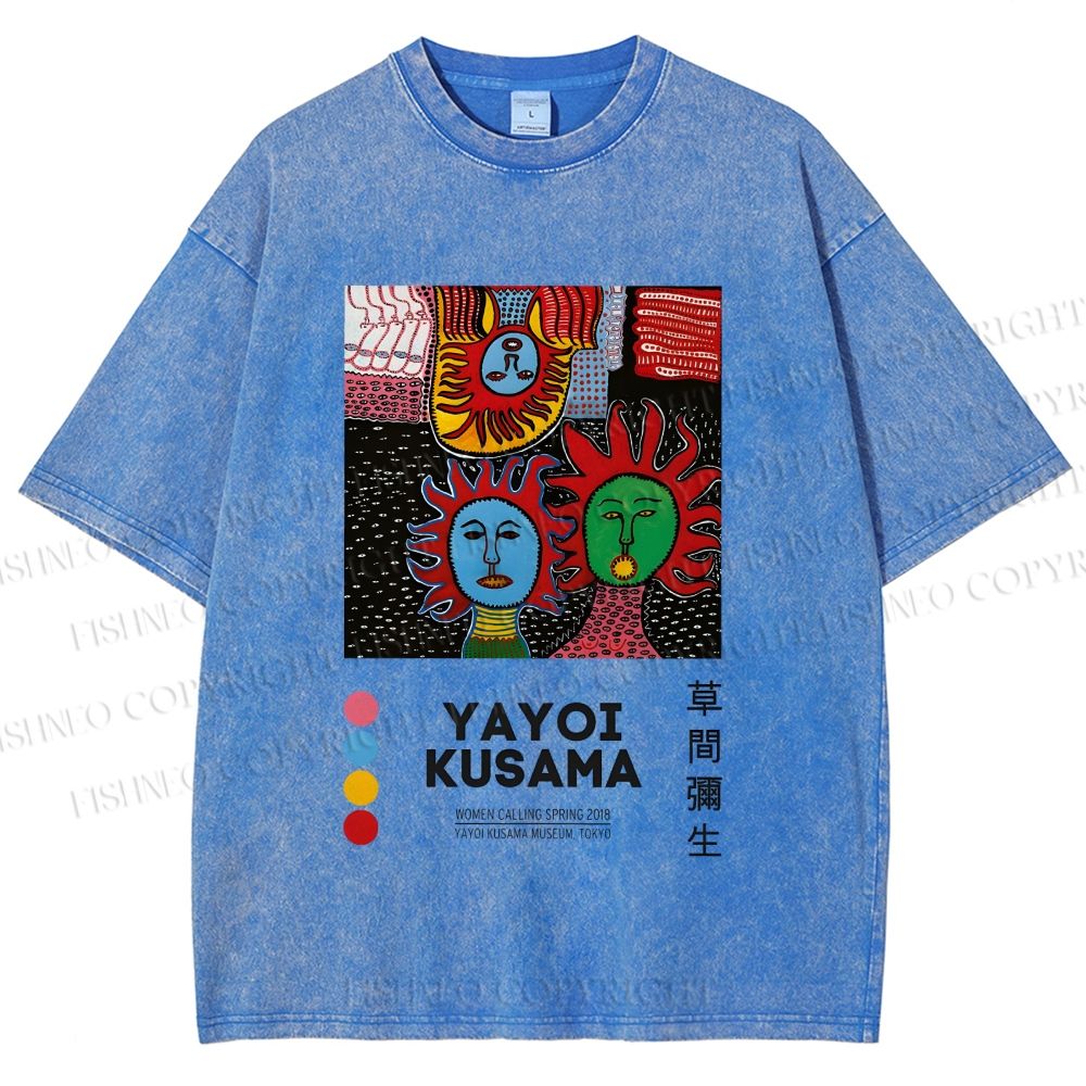 Unisex Yayoi Kusama Artistic Portrait Printed Washed Tee