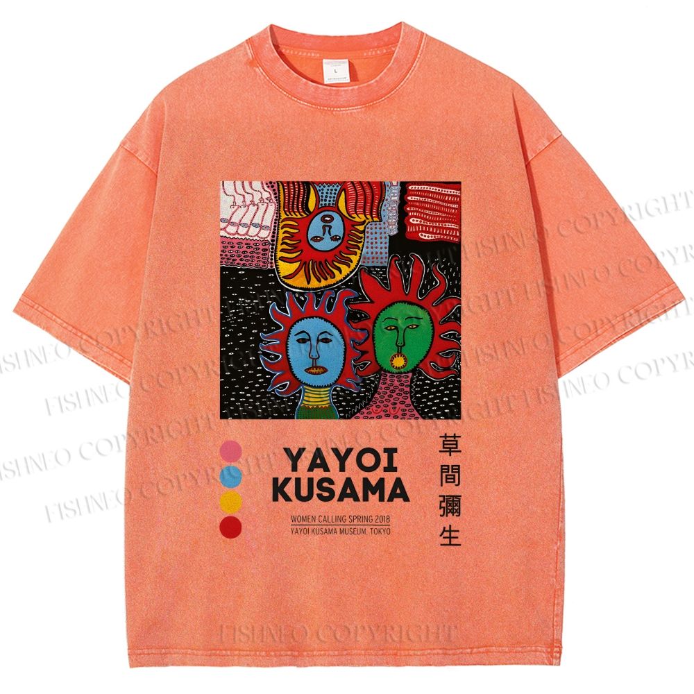 Unisex Yayoi Kusama Artistic Portrait Printed Washed Tee