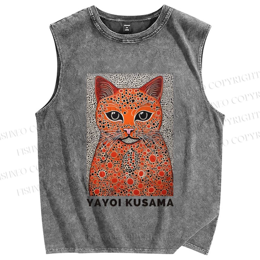 Unisex Yayoi Kusama Polka Dot Cat Printed Washed Tank Top