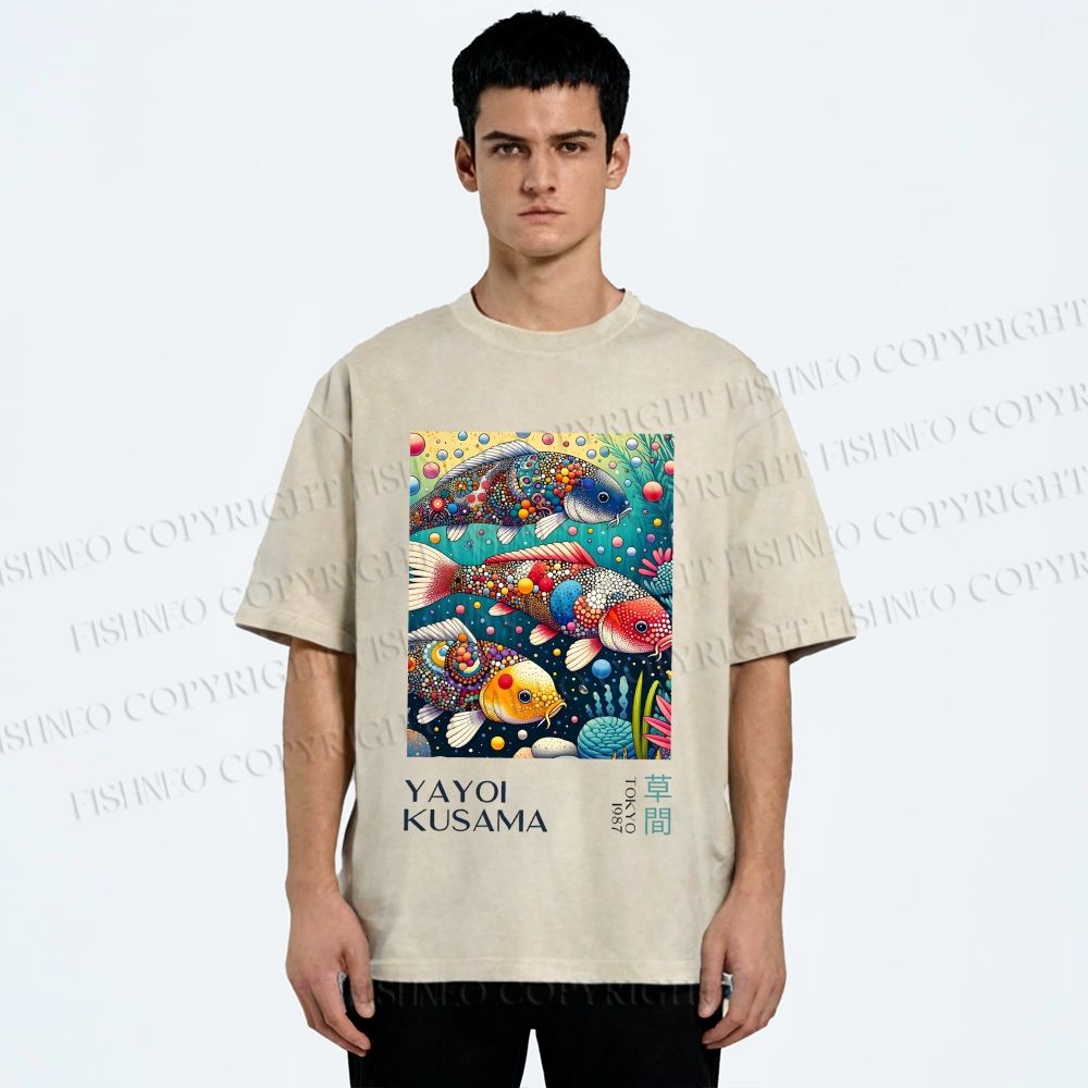 Unisex Yayoi Kusama Colorful Art Fish Printed Washed Tee