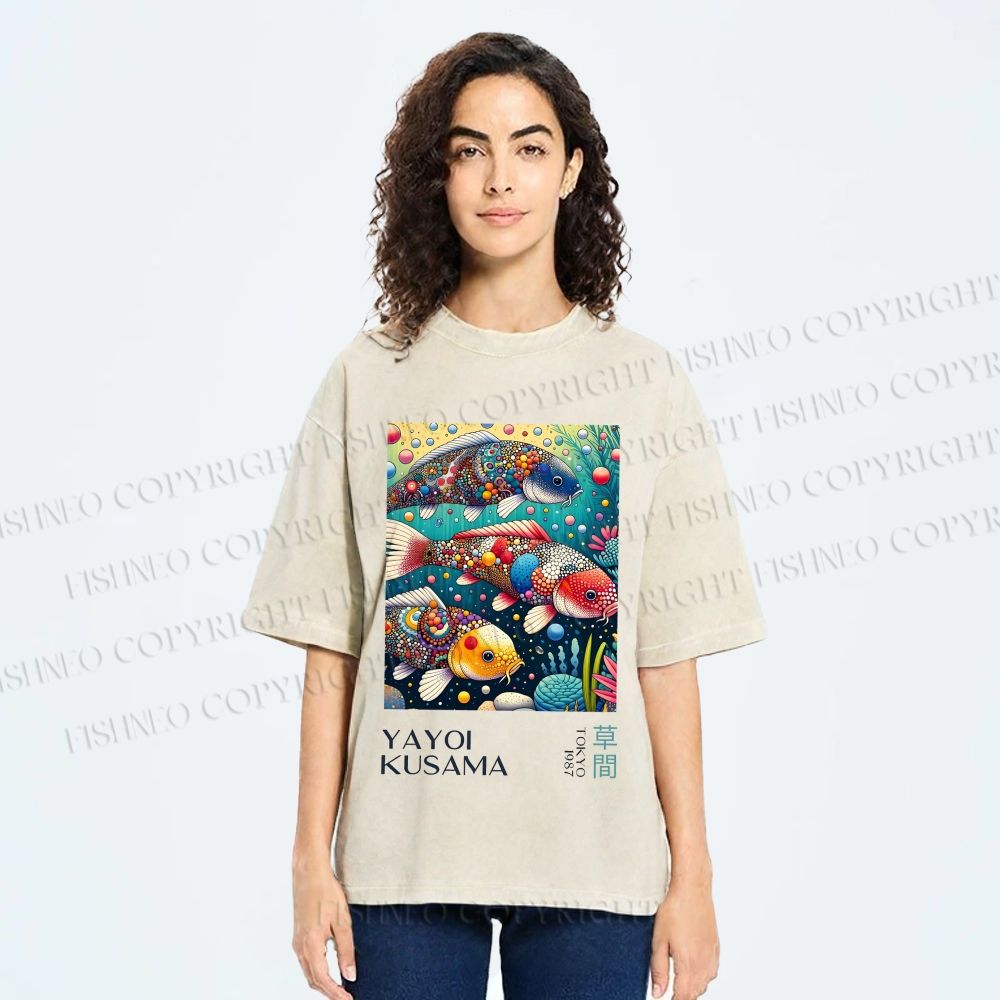 Unisex Yayoi Kusama Colorful Art Fish Printed Washed Tee