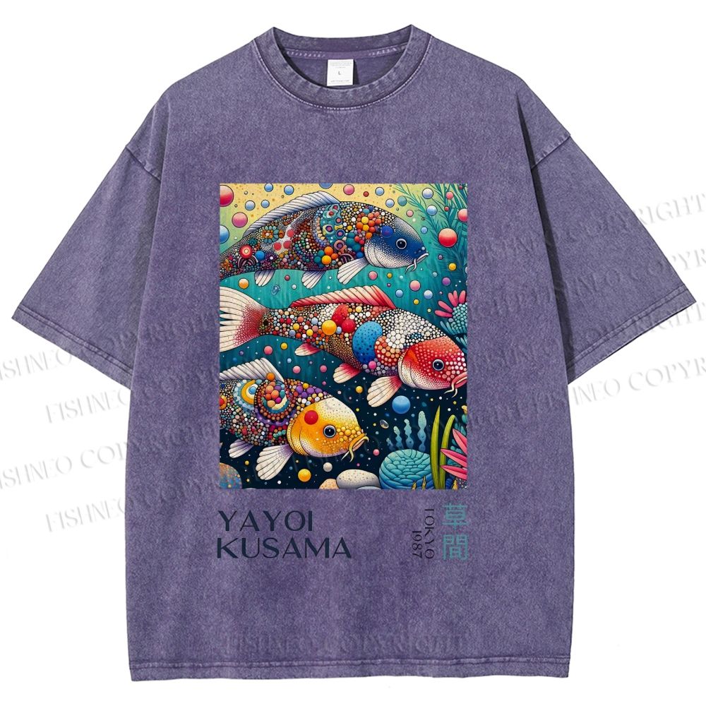 Unisex Yayoi Kusama Colorful Art Fish Printed Washed Tee