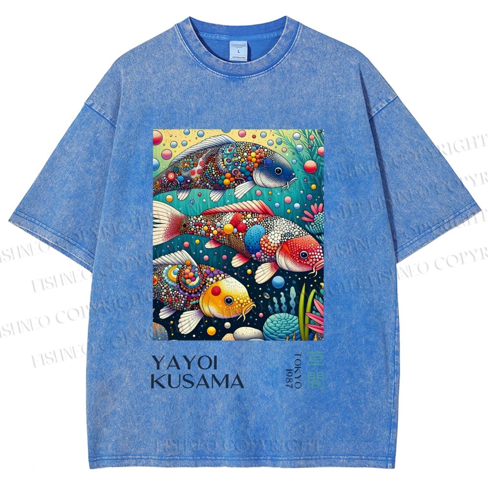 Unisex Yayoi Kusama Colorful Art Fish Printed Washed Tee
