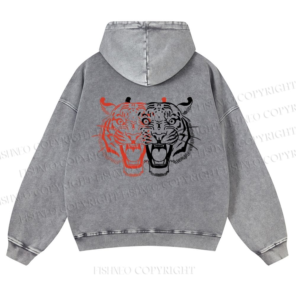 Casual Patchwork Tiger Printed Washed Hoodie