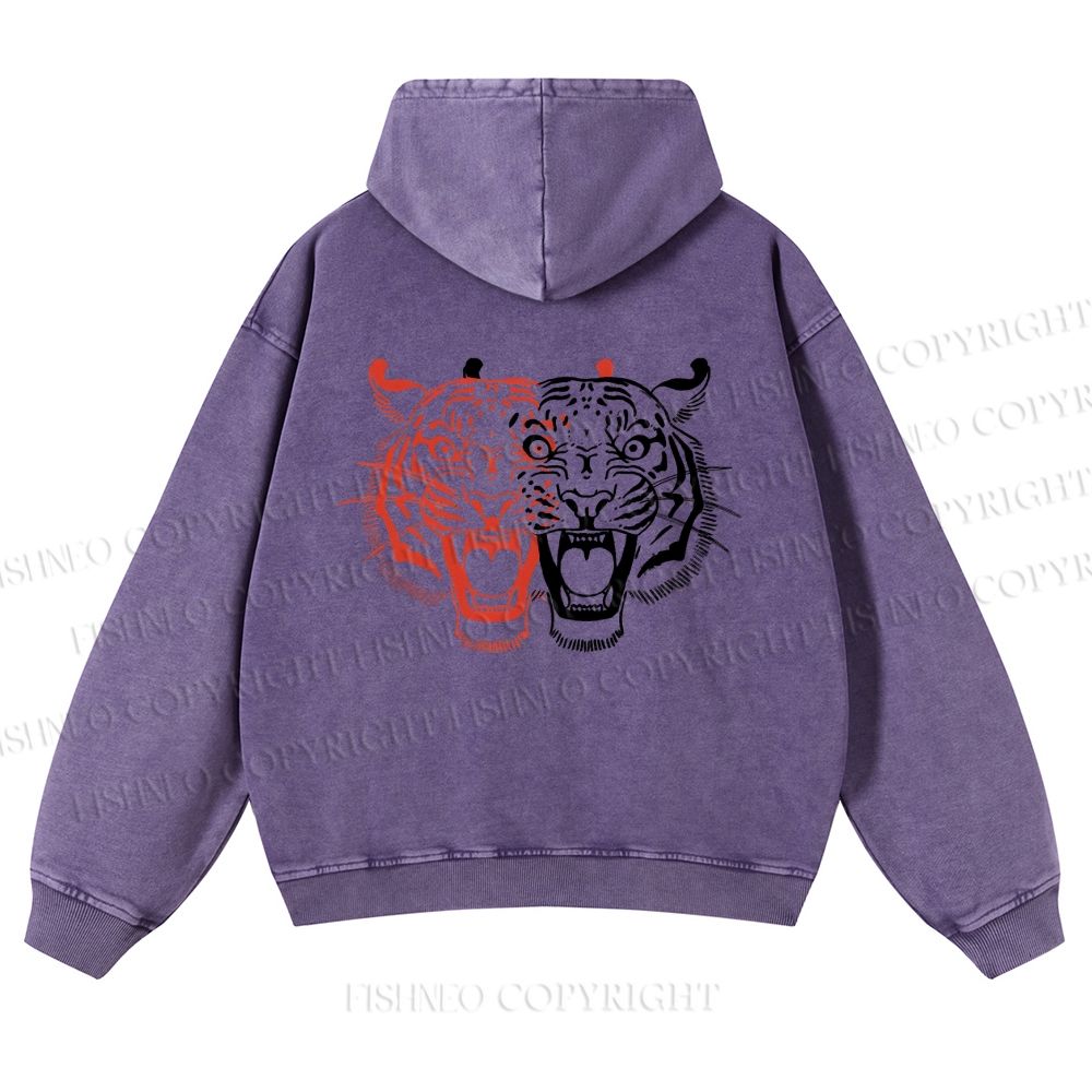 Casual Patchwork Tiger Printed Washed Hoodie