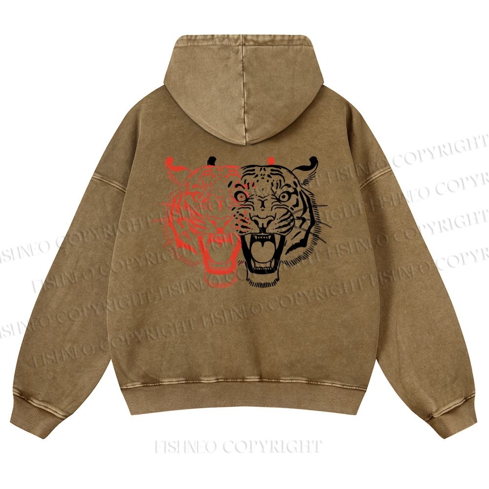 Casual Patchwork Tiger Printed Washed Hoodie