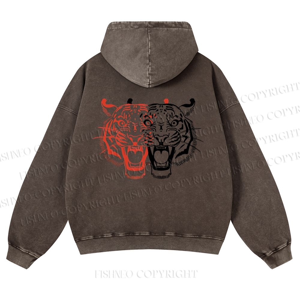 Casual Patchwork Tiger Printed Washed Hoodie