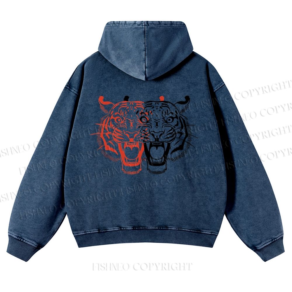 Casual Patchwork Tiger Printed Washed Hoodie