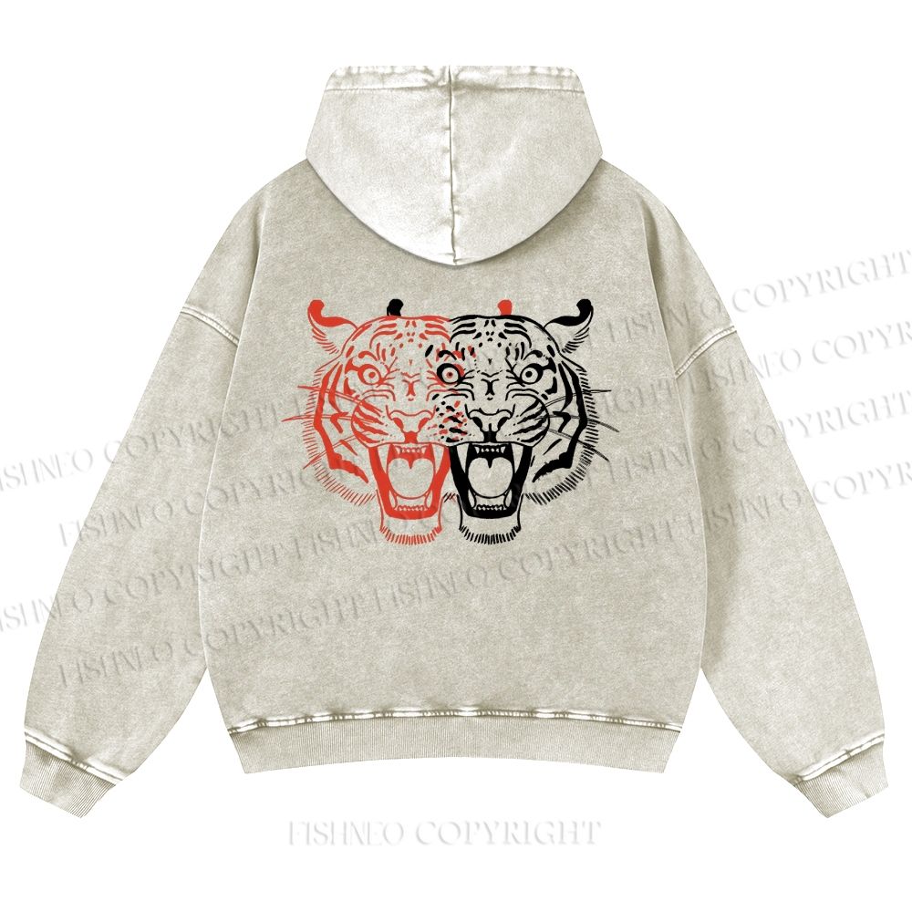 Casual Patchwork Tiger Printed Washed Hoodie