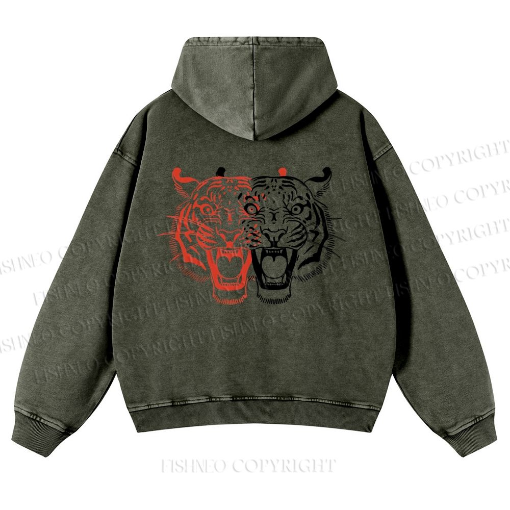 Casual Patchwork Tiger Printed Washed Hoodie