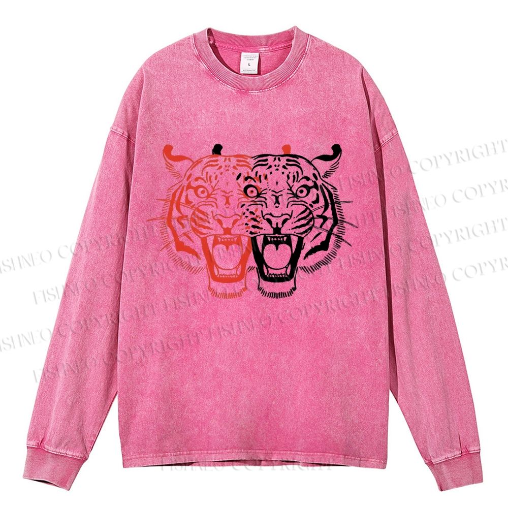 Unisex Casual Washed Patchwork Tiger Printed Long Sleeve T-shirt