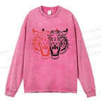 Unisex Casual Washed Patchwork Tiger Printed Long Sleeve T-shirt