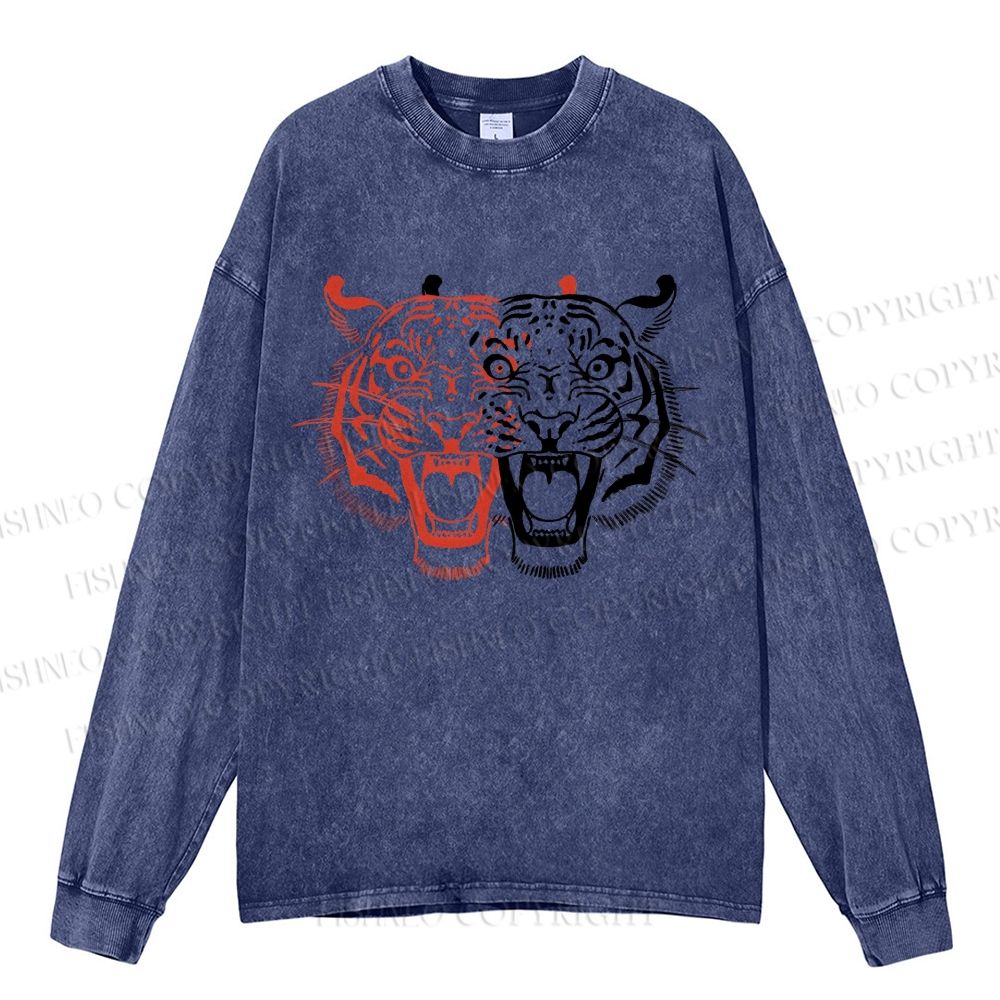 Unisex Casual Washed Patchwork Tiger Printed Long Sleeve T-shirt