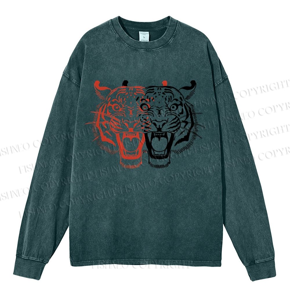 Unisex Casual Washed Patchwork Tiger Printed Long Sleeve T-shirt