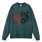 Unisex Casual Washed Patchwork Tiger Printed Long Sleeve T-shirt