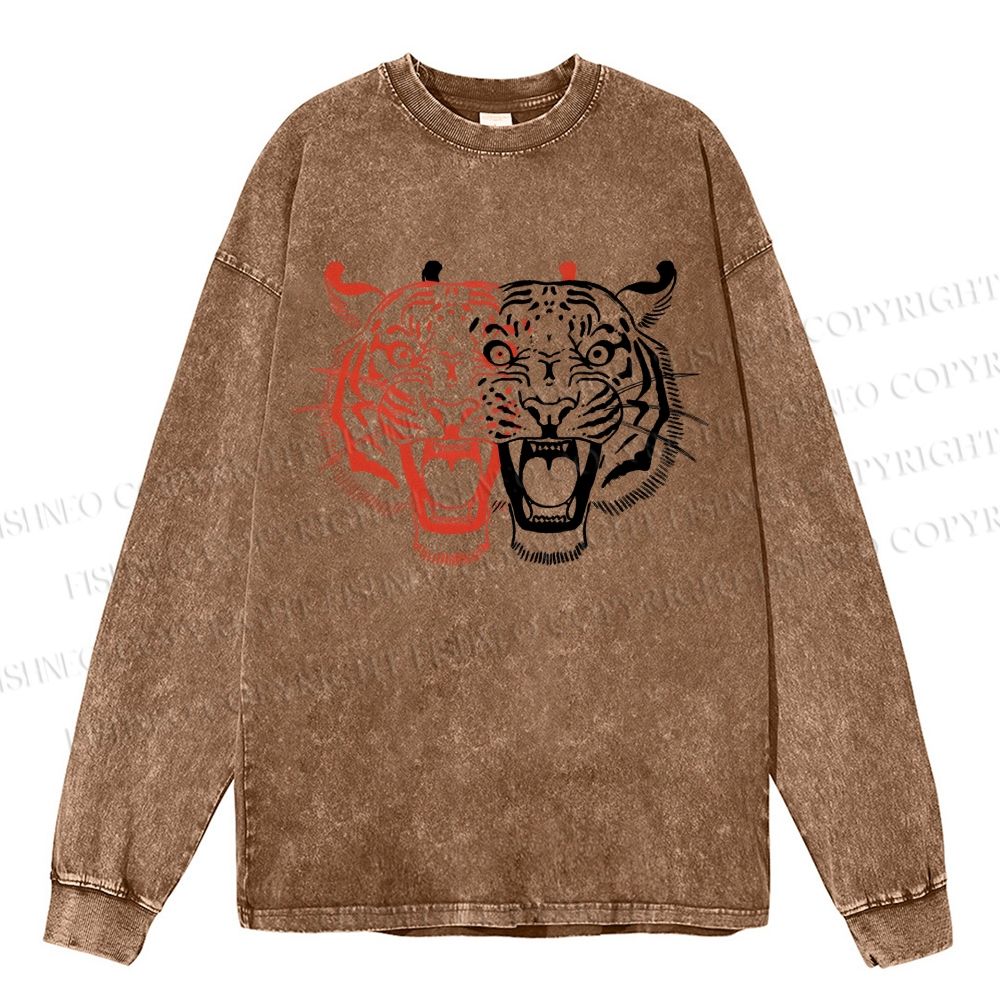 Unisex Casual Washed Patchwork Tiger Printed Long Sleeve T-shirt