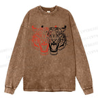 Unisex Casual Washed Patchwork Tiger Printed Long Sleeve T-shirt