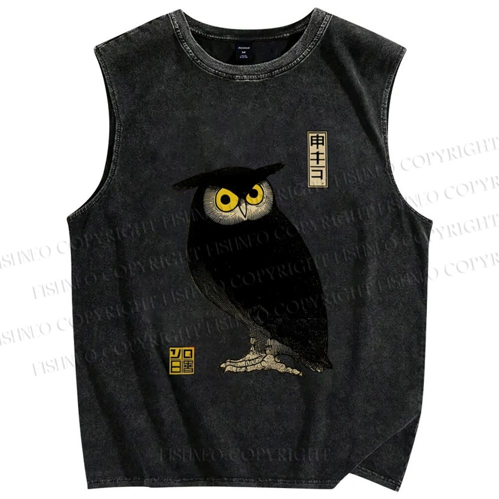 Unisex Ukiyo-e Night Owl Printed Washed Tank Top