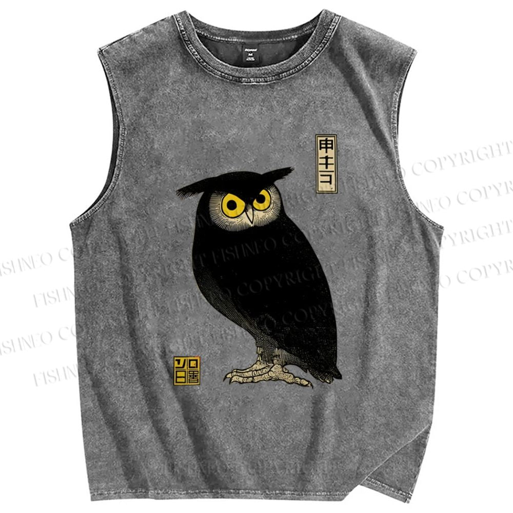 Unisex Ukiyo-e Night Owl Printed Washed Tank Top