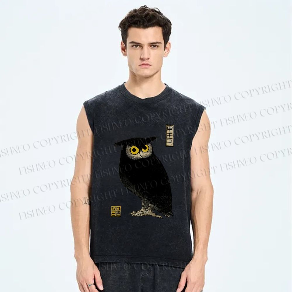 Unisex Ukiyo-e Night Owl Printed Washed Tank Top