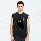 Unisex Ukiyo-e Night Owl Printed Washed Tank Top
