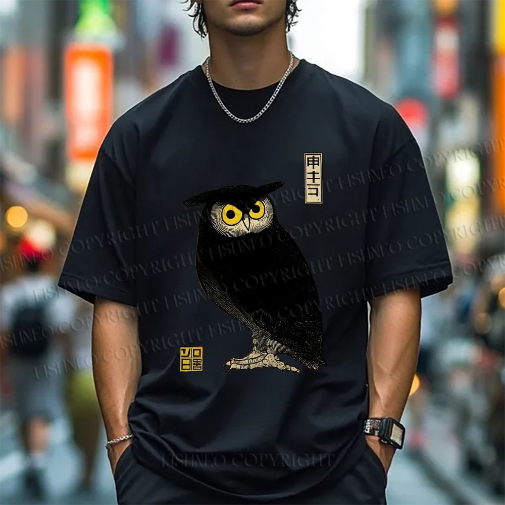 Unisex Classic Cotton Ukiyo-e Night Owl Printed T-shirt