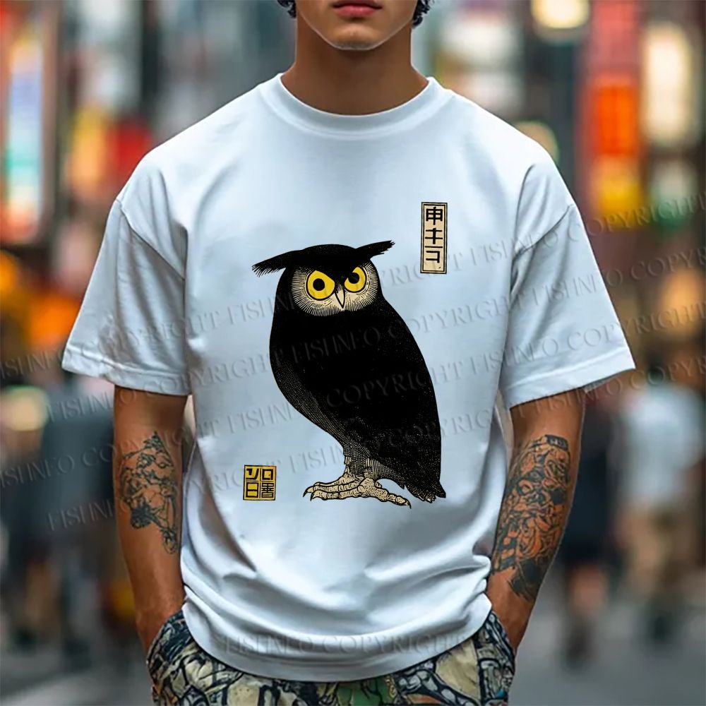 Unisex Classic Cotton Ukiyo-e Night Owl Printed T-shirt