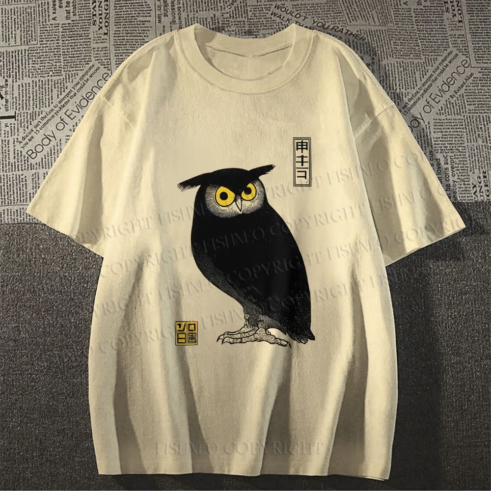 Unisex Classic Cotton Ukiyo-e Night Owl Printed T-shirt