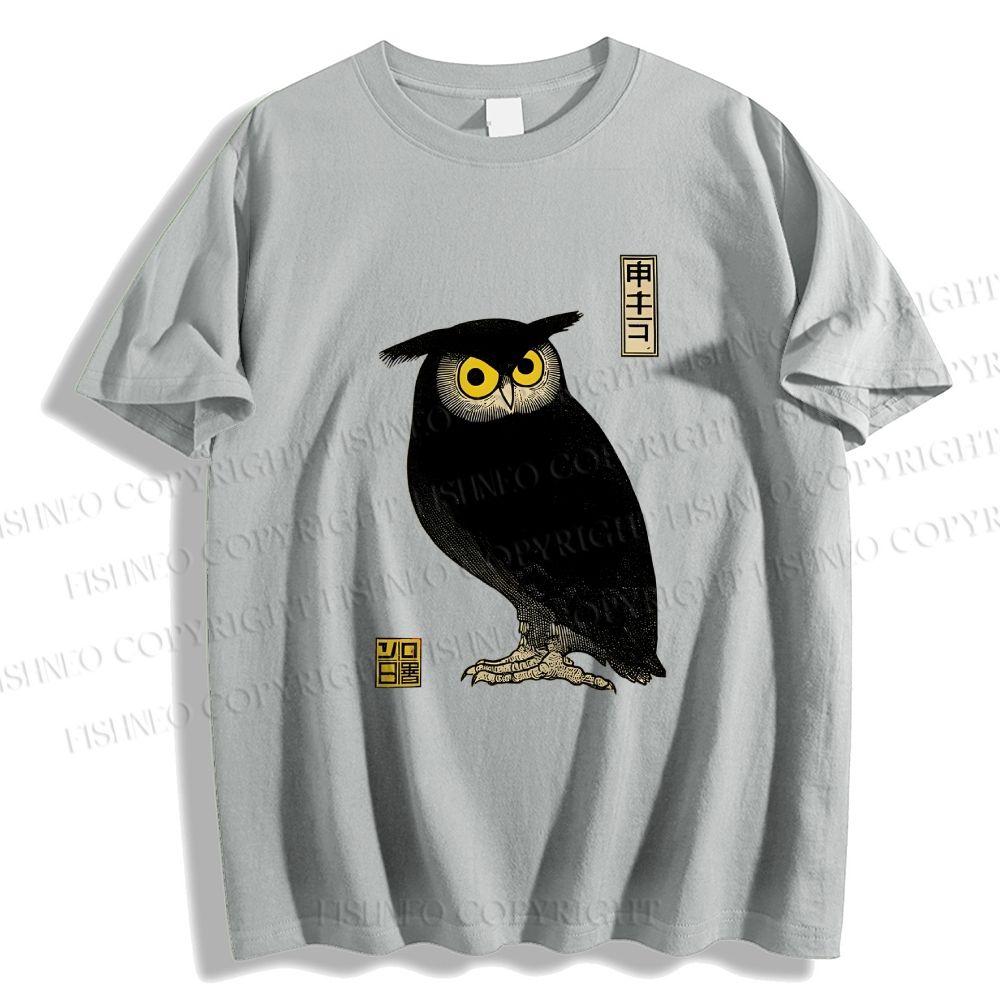 Unisex Classic Cotton Ukiyo-e Night Owl Printed T-shirt
